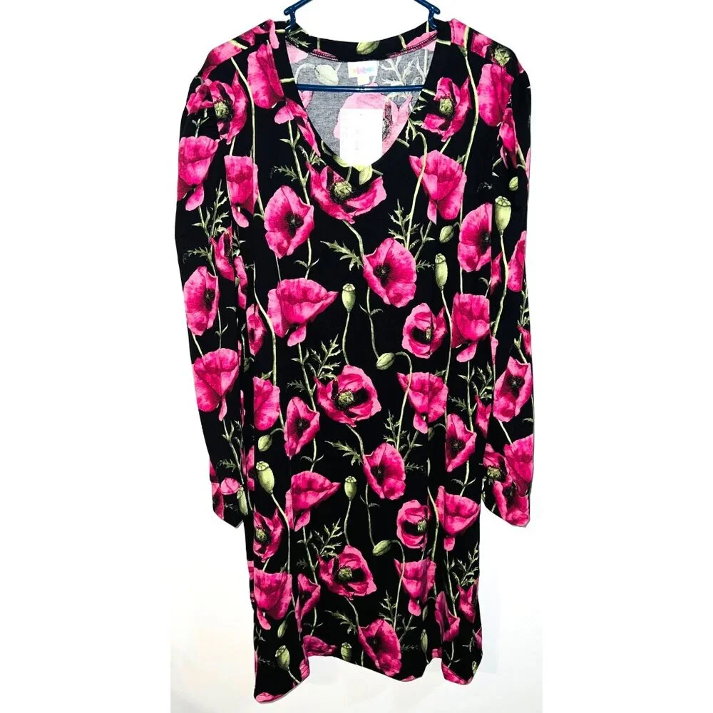 New LuLaRoe Black & Pink Poppy Floral Long Sleeve Dress 3XL - Picture 2 of 4